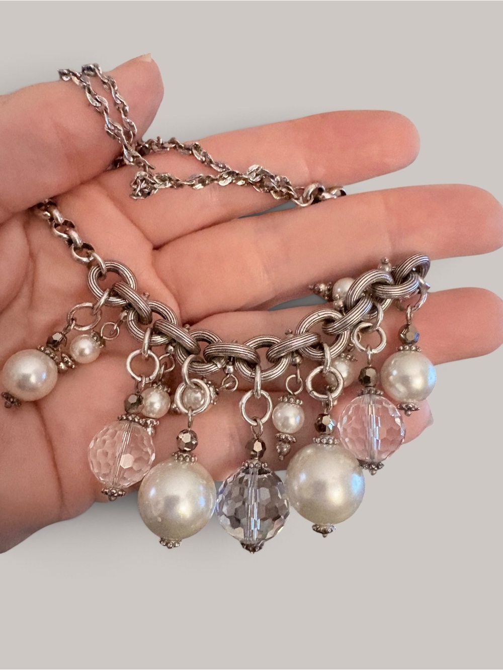Brighton Bauble Bath Faux Pearl Crystal Charm Necklace Silver Tone Retired